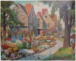 vintage calendar art with cottages, cabins, etc. circa 1930s-1940s